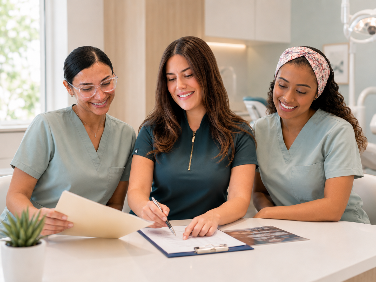 Dental team members reviewing patient paperwork in a bright office.
