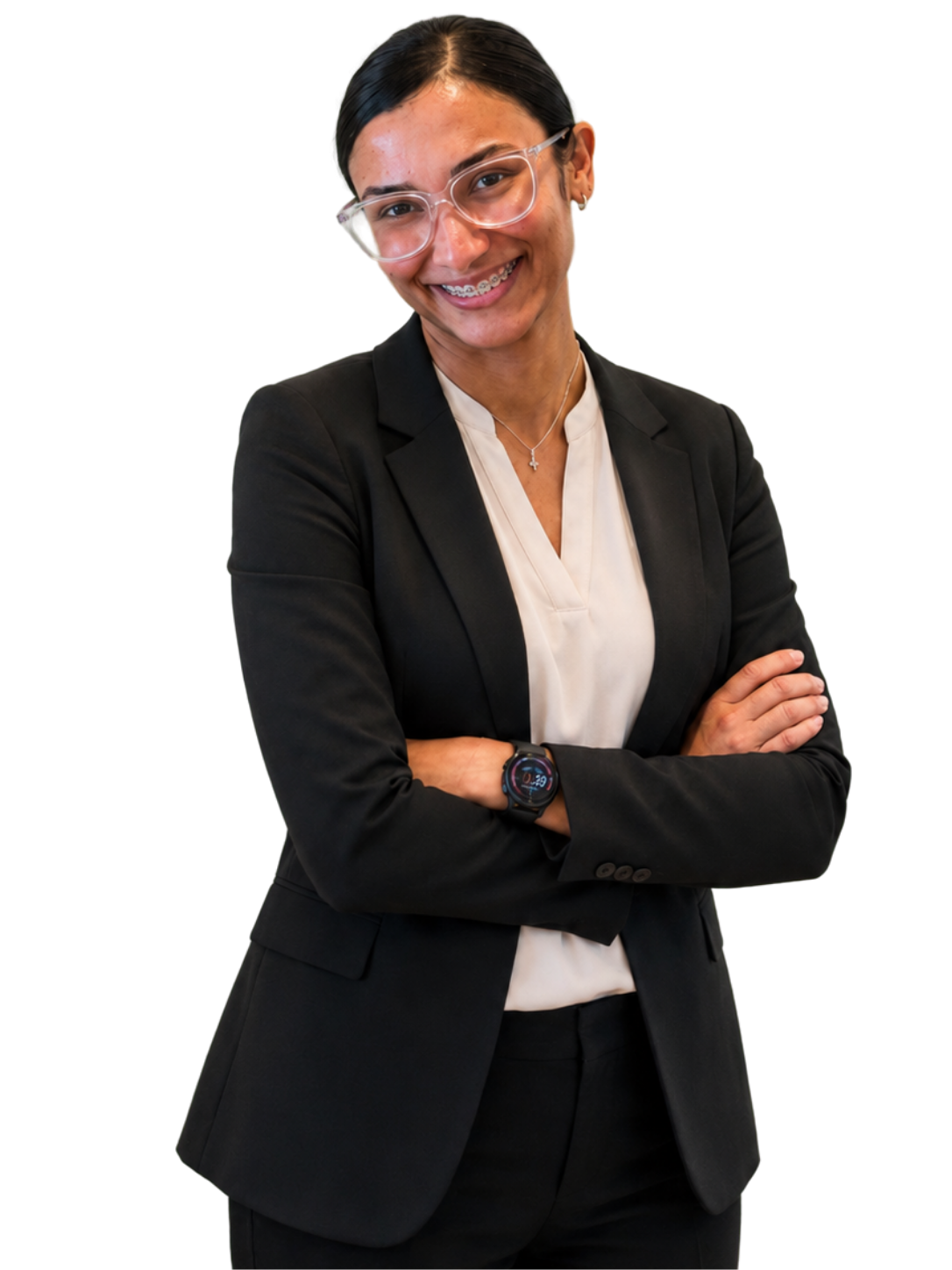 Azia Anderson smiling with arms crossed in a black blazer and clear glasses.